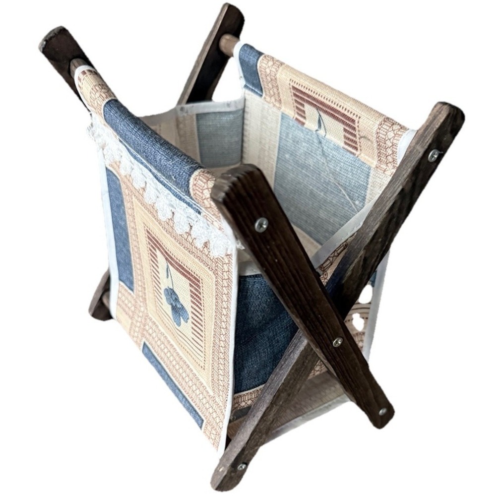 Folding Sewing Caddy Tapestry Fabric Scrap Bin Small Wood Yarn Holder Mini  VTG